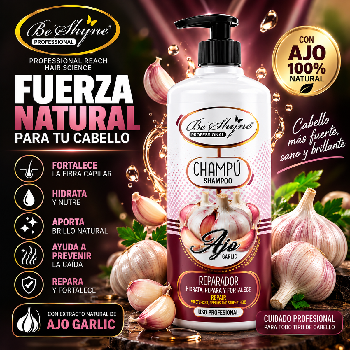 Champú de Ajo Be’Shyne Professional – Hidratación, Reparación y Fuerza Capilar