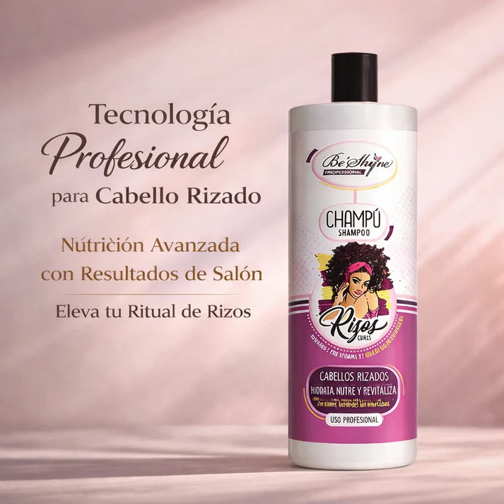 Be Shyne Professional Rizos Champú Cabello Rizado – Hidratante y Nutritivo – Control del Rizo – Con Queratina, Pantenol y Aceite de Coco – 1000ml