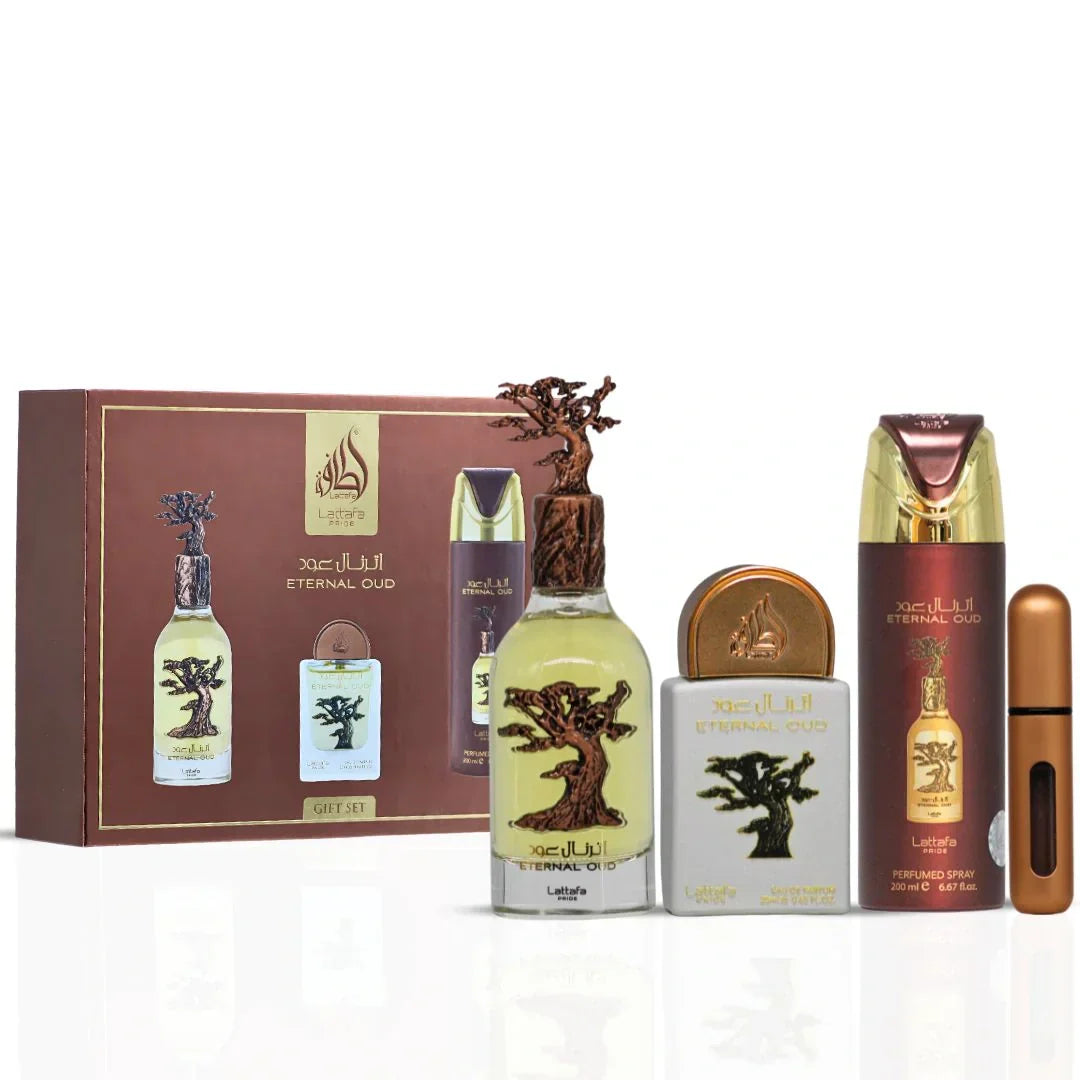 Lattafa Eternal Oud Gift Set, Perfume Árabe Unisex , Incluye EDP 100ml + Mini Perfume 20ml + Desodorante 200ml + Atomizador