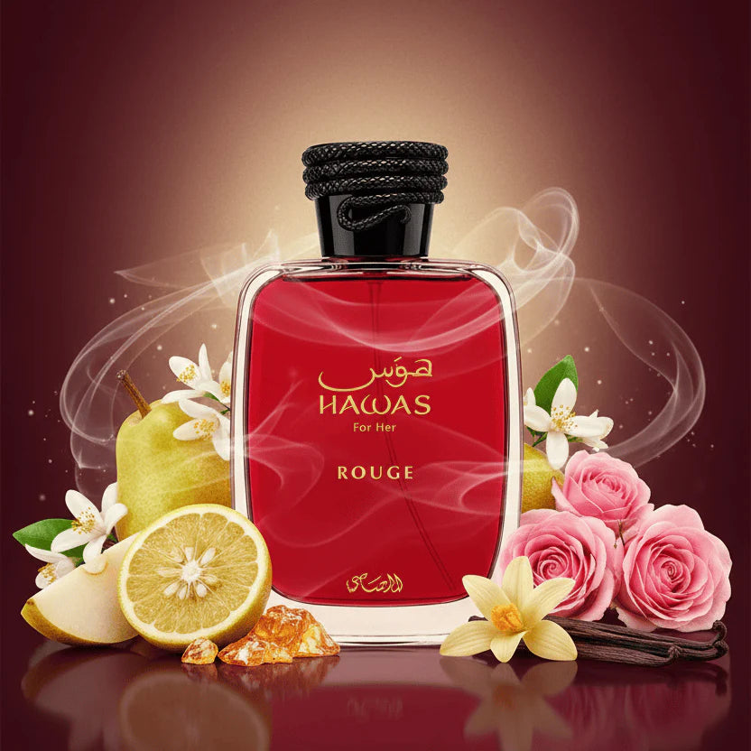 Hawas Rouge Rasasi Eau de Parfum 100 ml | Perfume para Mujer Floral, Ambarado y Avainillado