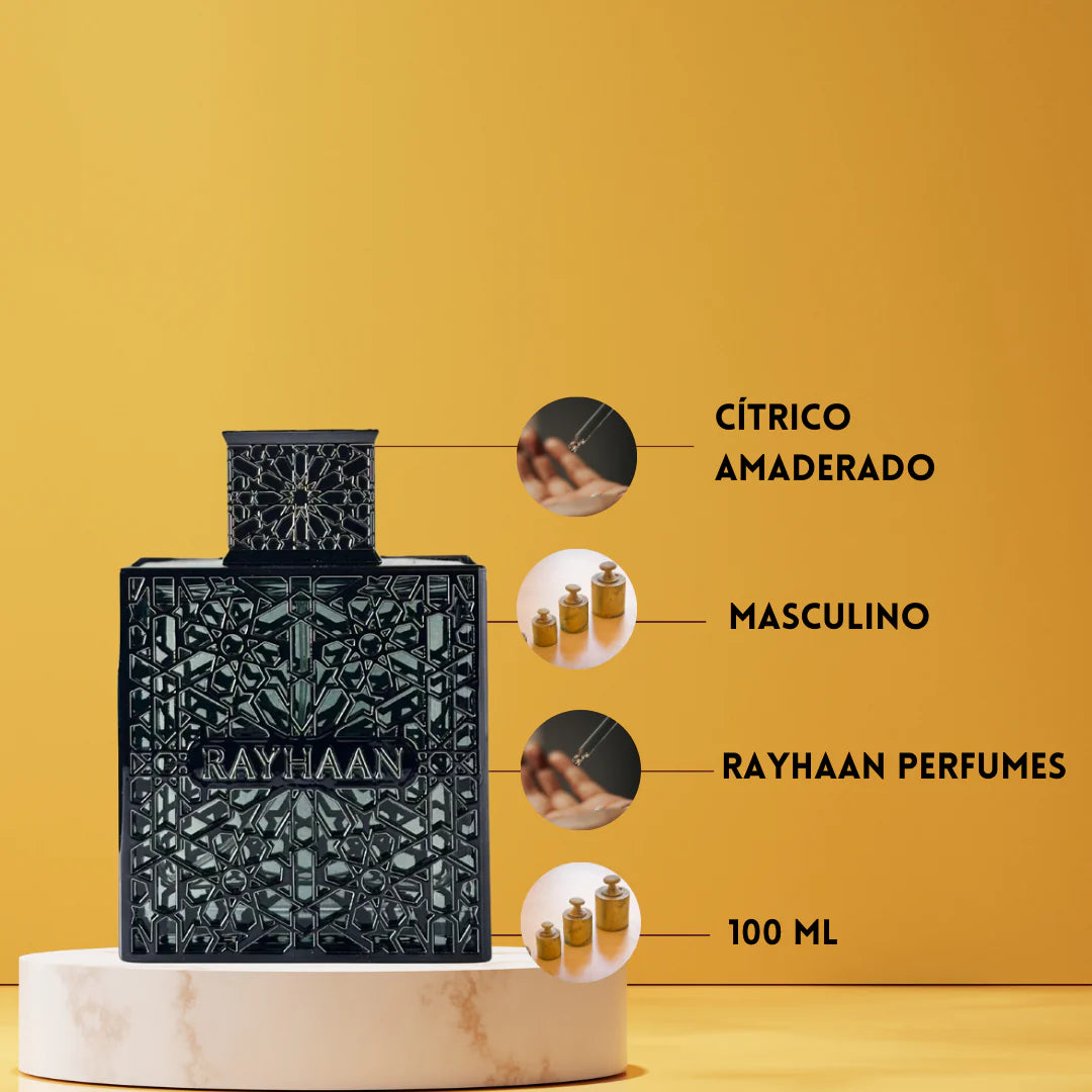 Rayhaan Obsidian Eau de Parfum 100 ml – Perfume masculino Elegante Amaderado con Iris y Cuero