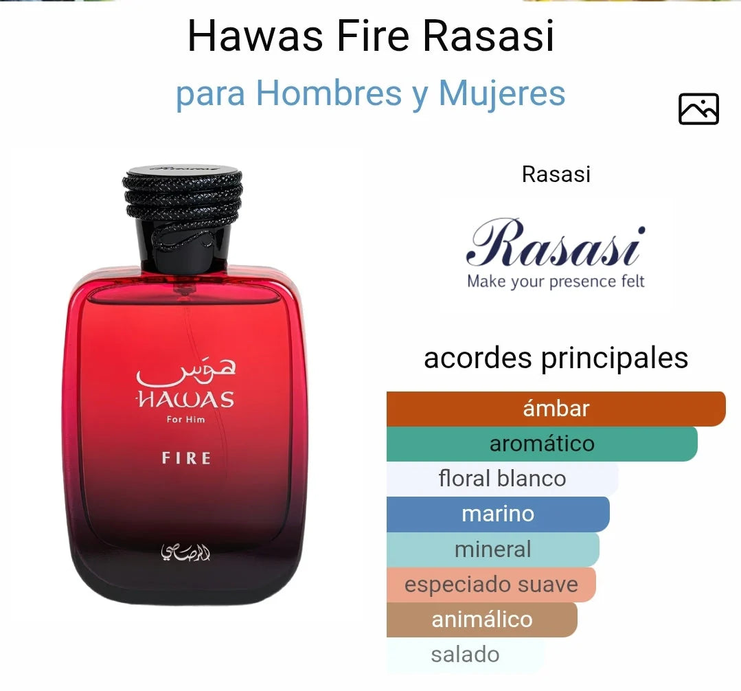 Rasasi Hawas Fire Eau de Parfum 100 ml masculino – Perfume Ambarado Aromático con Notas Marinas y Especiadas – Fragancia Intensa y de Larga Duración
