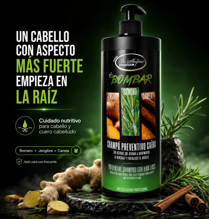 Be'Shyne – Champú Bombar Preventivo para la Caída con Romero, Jengibre y Canela 1000ml