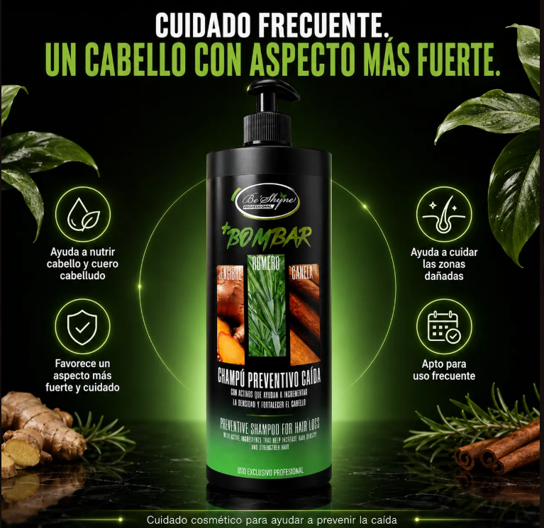 Be'Shyne – Champú Bombar Preventivo para la Caída con Romero, Jengibre y Canela 1000ml