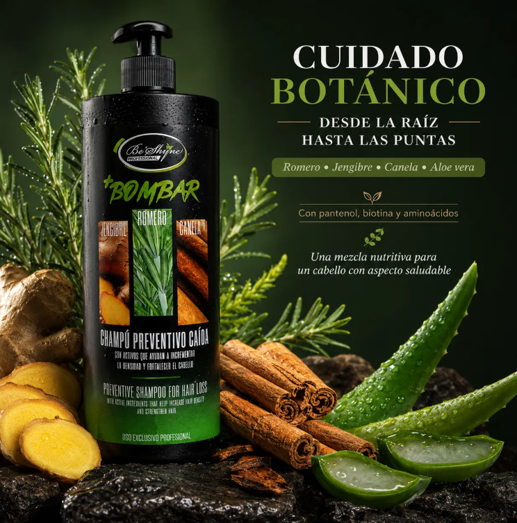 Be'Shyne – Champú Bombar Preventivo para la Caída con Romero, Jengibre y Canela 1000ml