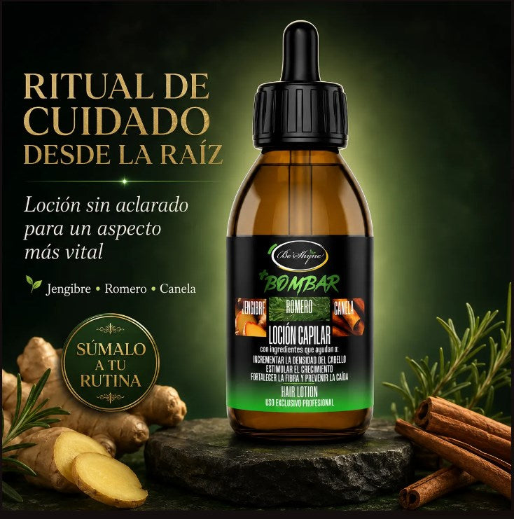 Be'Shyne +Bombar Loción Capilar anticaida Jengibre, Romero y Canela, 125 ml