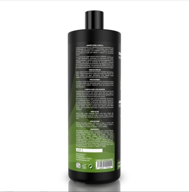 Champú Anticaída K-BOM RJ con Cebolla, Romero y Jengibre – Estimula el Crecimiento, Fortalece y Aporta Brillo – Fórmula Nutritiva de Origen Natural – Fabricado en España – 1000ml