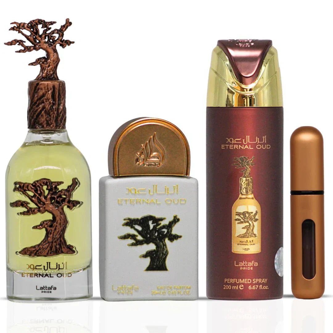 Lattafa Eternal Oud Gift Set, Perfume Árabe Unisex , Incluye EDP 100ml + Mini Perfume 20ml + Desodorante 200ml + Atomizador
