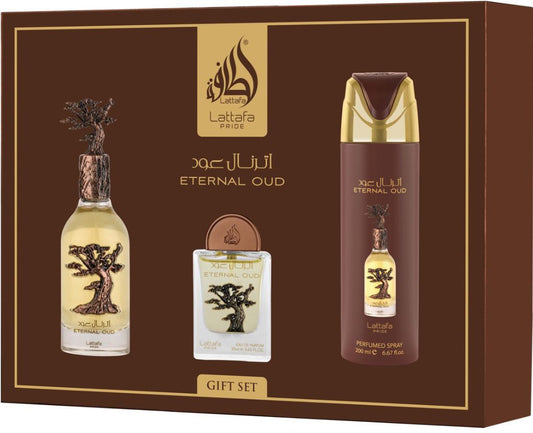 Lattafa Eternal Oud Gift Set, Perfume Árabe Unisex , Incluye EDP 100ml + Mini Perfume 20ml + Desodorante 200ml + Atomizador
