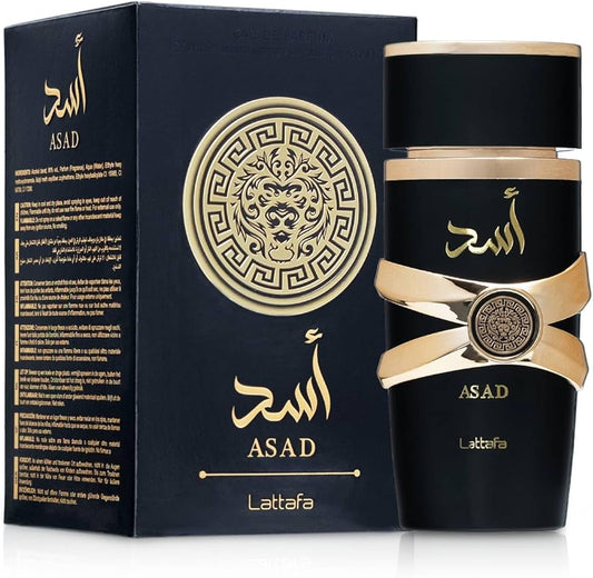 Lattafa Asad Eau de Parfum 100 ml – Perfume Árabe Masculino Intenso con Vainilla, Especias y Ámbar – Fragancia Elegante y de Larga Duración