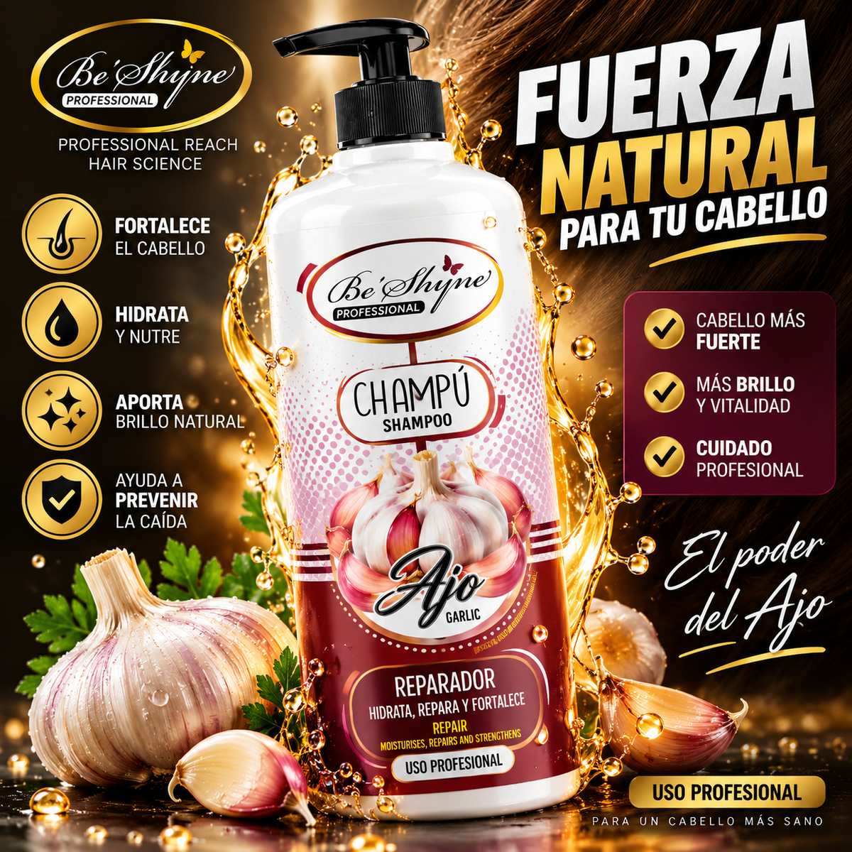 Champú de Ajo Be’Shyne Professional – Hidratación, Reparación y Fuerza Capilar