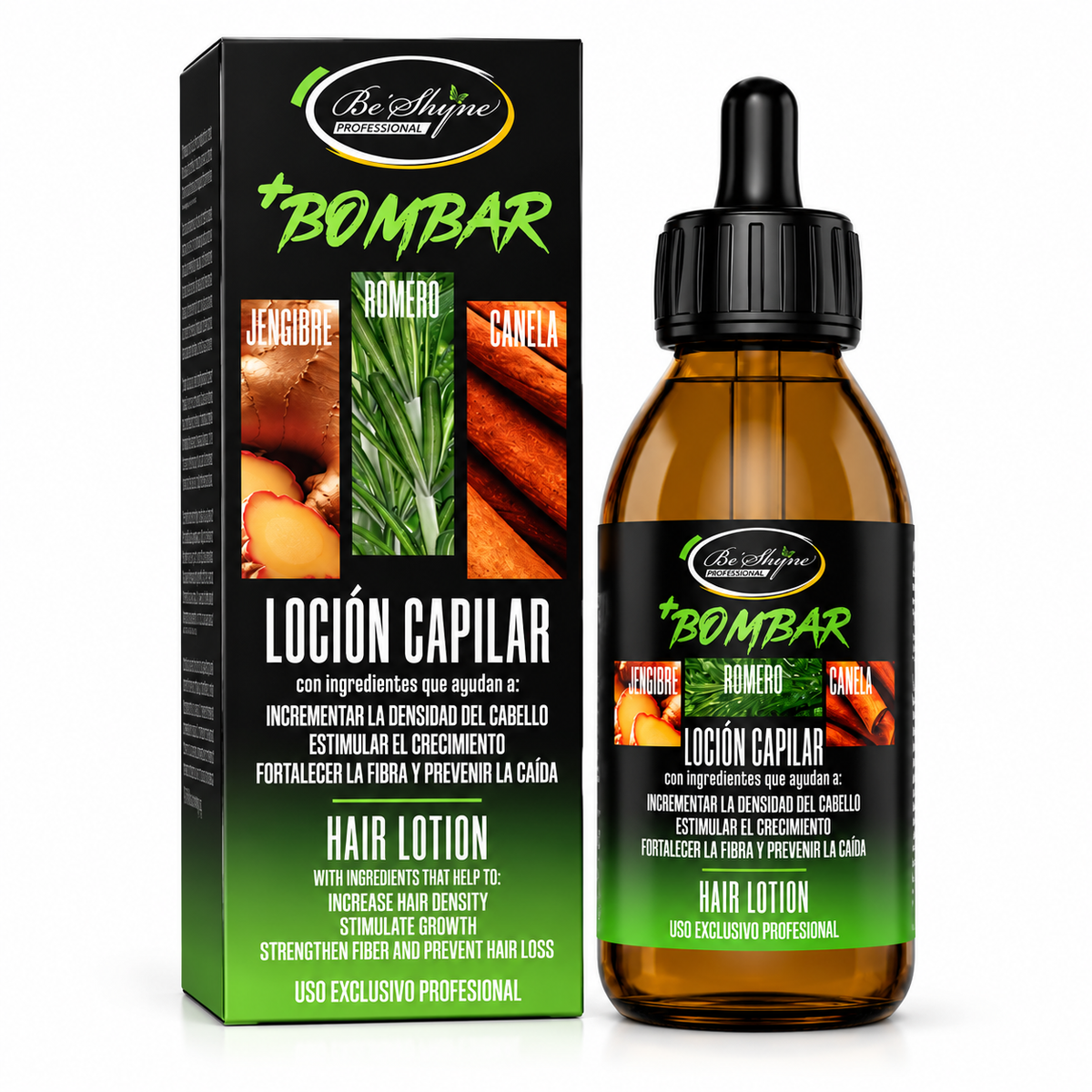 Be'Shyne +Bombar Loción Capilar anticaida Jengibre, Romero y Canela, 125 ml