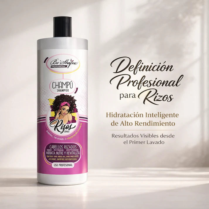 Be Shyne Professional Rizos Champú  Cabello Rizado – Hidratante y Nutritivo – Control del Rizo – Con Queratina, Pantenol y Aceite de Coco – 1000ml