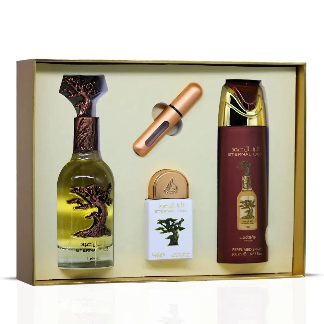 Lattafa Eternal Oud Gift Set, Perfume Árabe Unisex , Incluye EDP 100ml + Mini Perfume 20ml + Desodorante 200ml + Atomizador