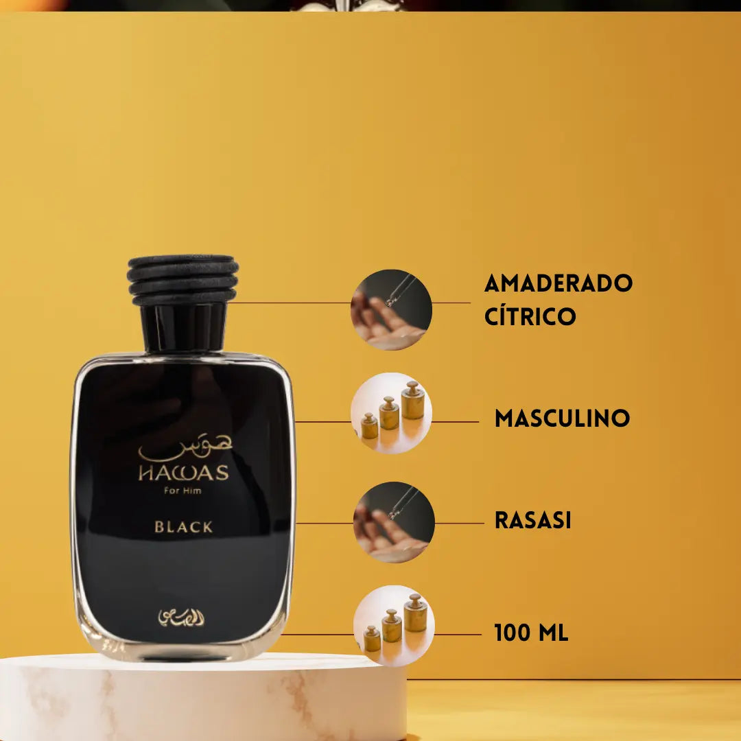 Rasasi Hawas Black Eau de Parfum 100 ml – Perfume masculino Amaderado Cítrico Intenso con Pachuli para Hombre