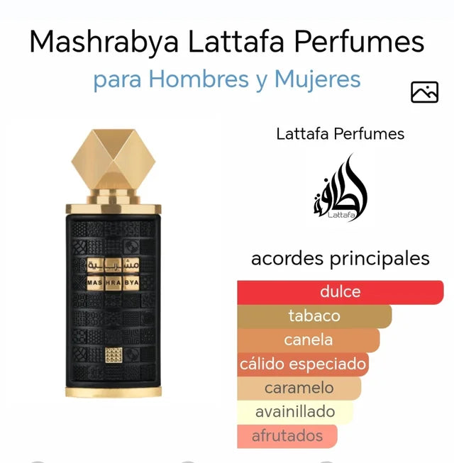 Lattafa Mashrabya Eau de Parfum 100 ml Unisex – Perfume Dulce Especiado con Tabaco, Canela y Caramelo – Fragancia Intensa y de Larga Duración