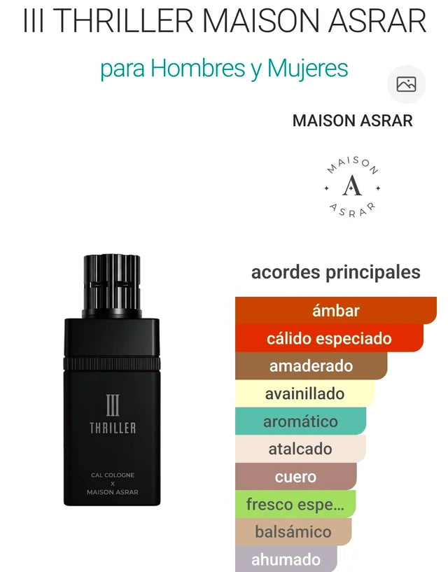 Maison Asrar Thriller Eau de Parfum 100 ml – Perfume Intenso Amaderado y Especiado con Ámbar – Fragancia  unisex Elegante, Misteriosa y de Larga Duración