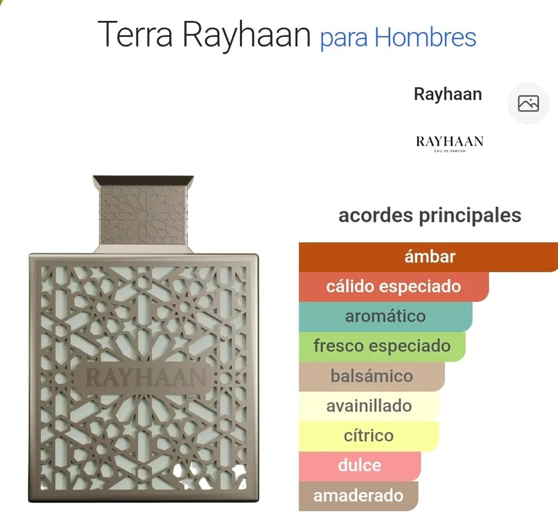 Rayhaan Terra Eau de Parfum 100 ml – Perfume masculino Ámbar Especiado Aromático para Hombre