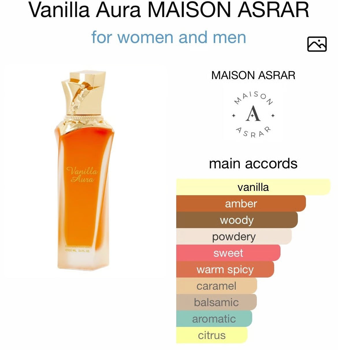Vanilla Aura – Maison Asrar Eau de Parfum Unisex 100ml | Fragancia Oriental Vainilla Dulce y Duradera