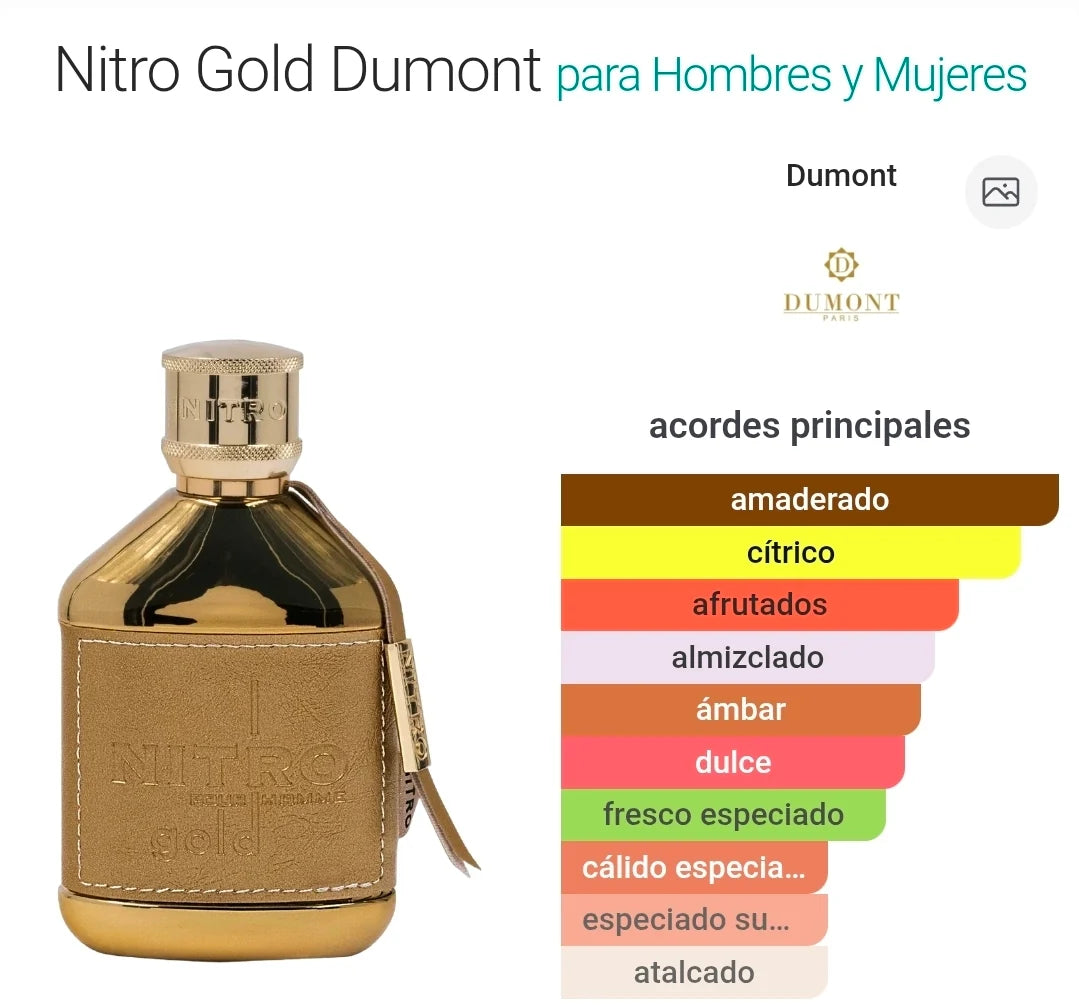 Dumont Nitro Gold Extrait de Parfum 100 ml | Perfume Unisex Amaderado y Marino
