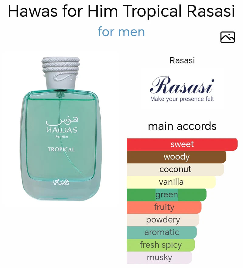 Rasasi Hawas Tropical Eau de Parfum 100 ml Masculino – Perfume Dulce Tropical con Coco, Notas Afutadas y Amaderadas